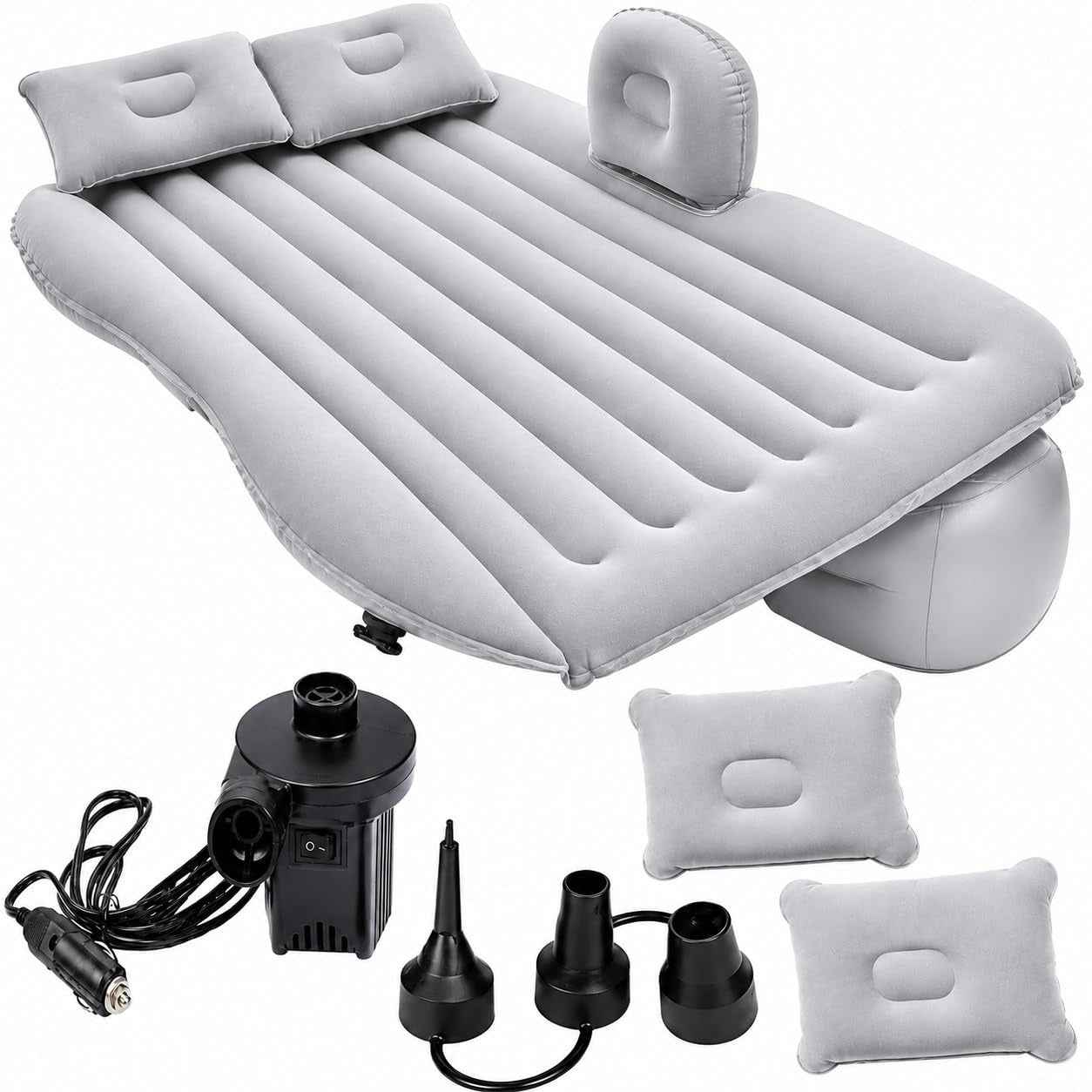 Car Inflatable Bed Mattress 130 × 80 cm – Portable Back Seat Air Bed with 12V Electric Pump & 2 Air Pillows for Travel, Camping & Road Trips (Silver)